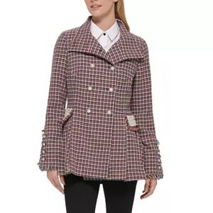 KARL LAGERFELD Red Black Tweed Double-Breasted Coat Pearls Fringe Paris L Party